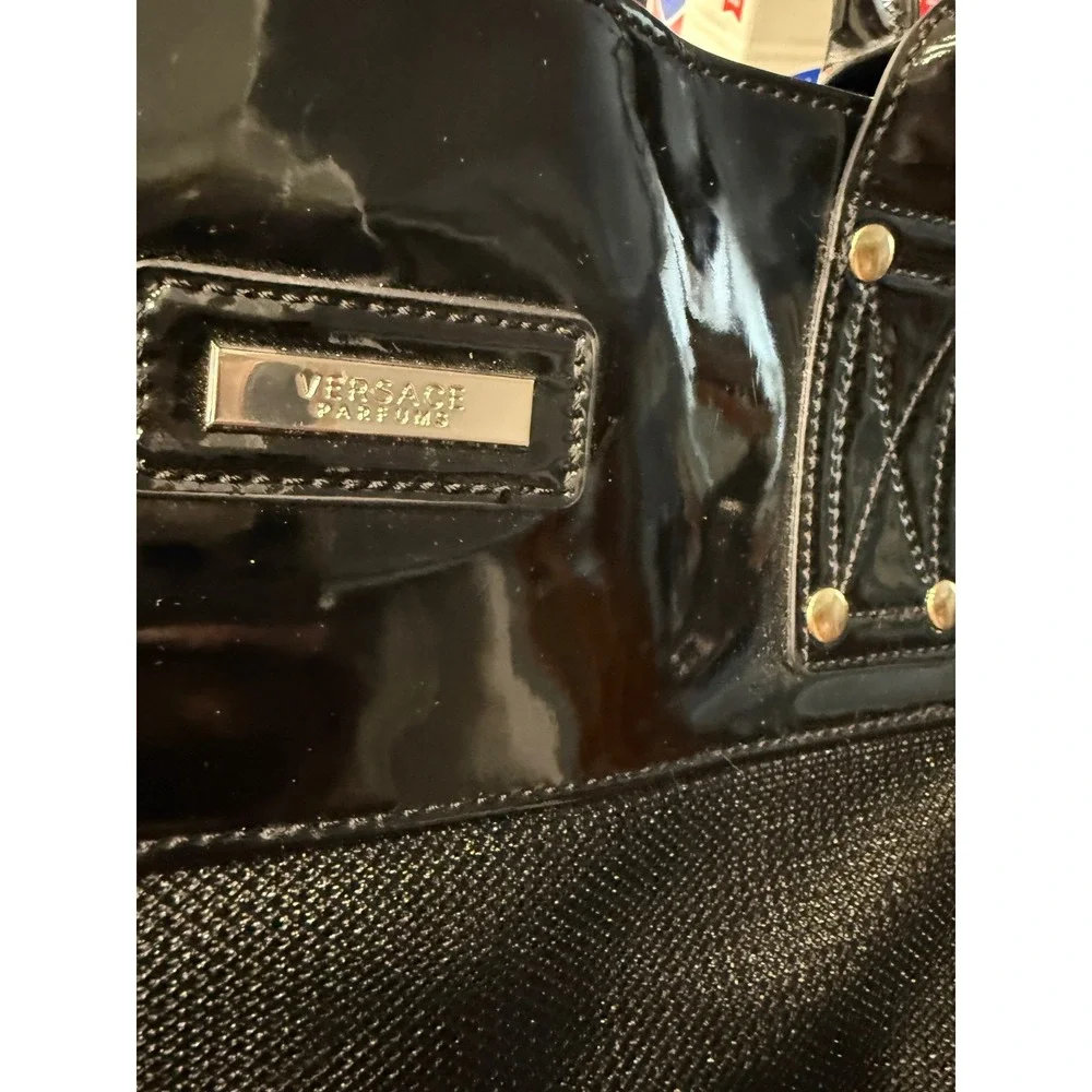 Versace Parfums Tote Bag Large Black Patent Canvas Travel Shopper Designer